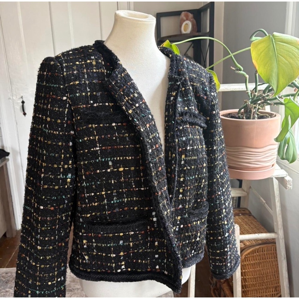 Tahari Black Tweed Blazer W Multicolor Metallic Threading Eyelash Fringe Trim XL